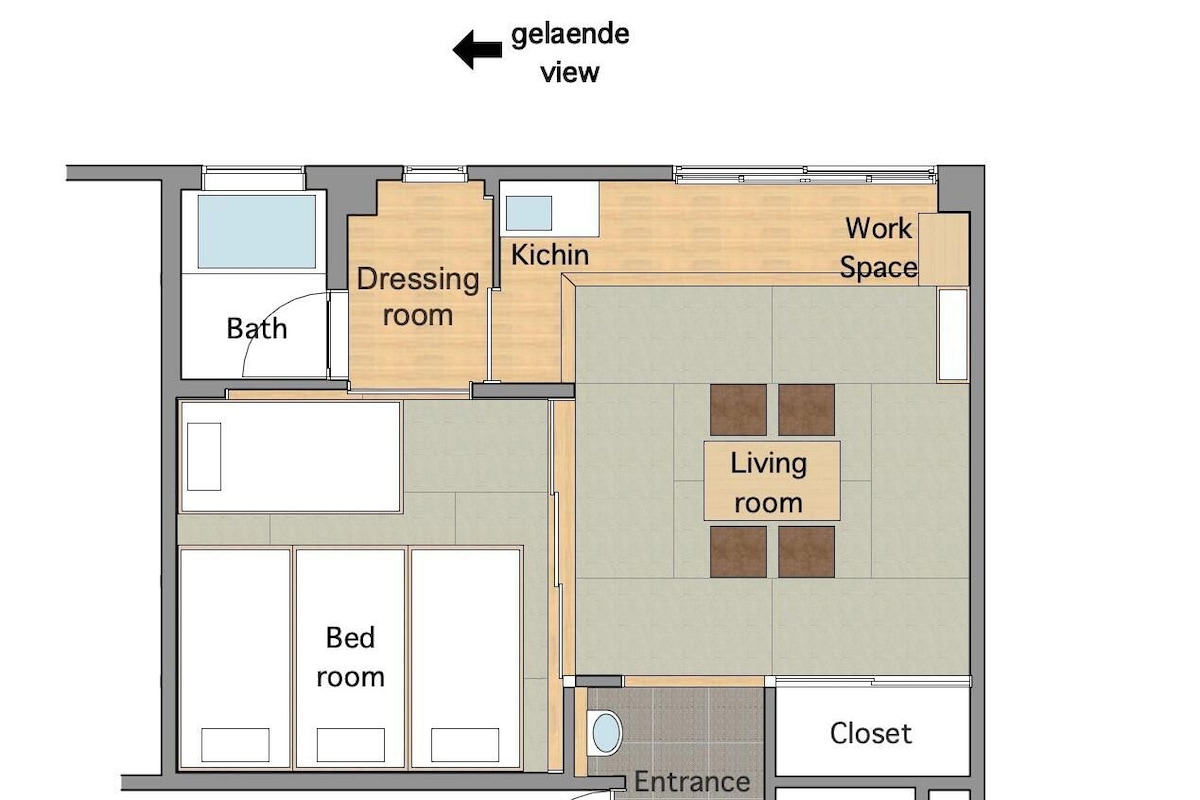 A floor plan with a living room, kitchen, dressing room, bathroom, and closet.