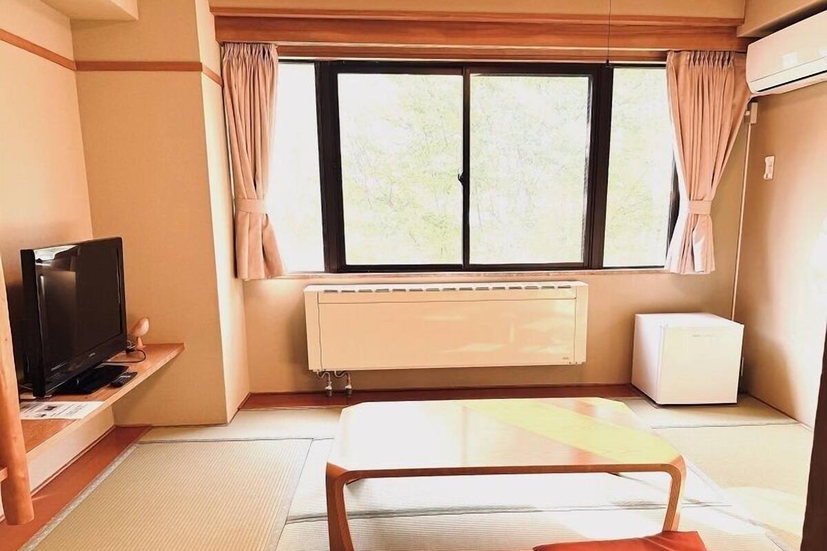 Una habitación con cama, televisión, radiador y ventana con cortinas.
