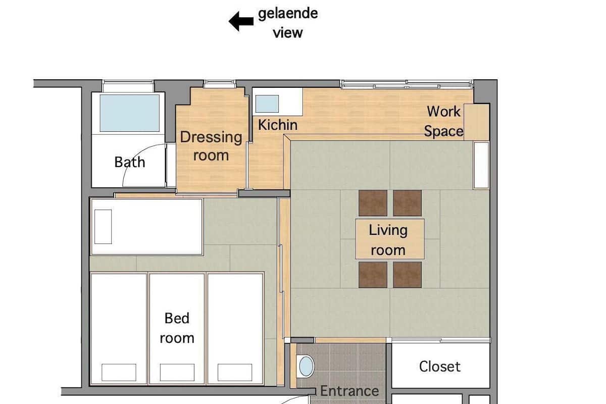 Plano de planta con vestidor, cocina, espacio de trabajo, sala de estar, baño, dormitorio, armario y entrada.