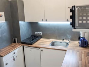 Kühlschrank, Mikrowelle, Geschirrspüler, Kochgeschirr/Geschirr/Besteck