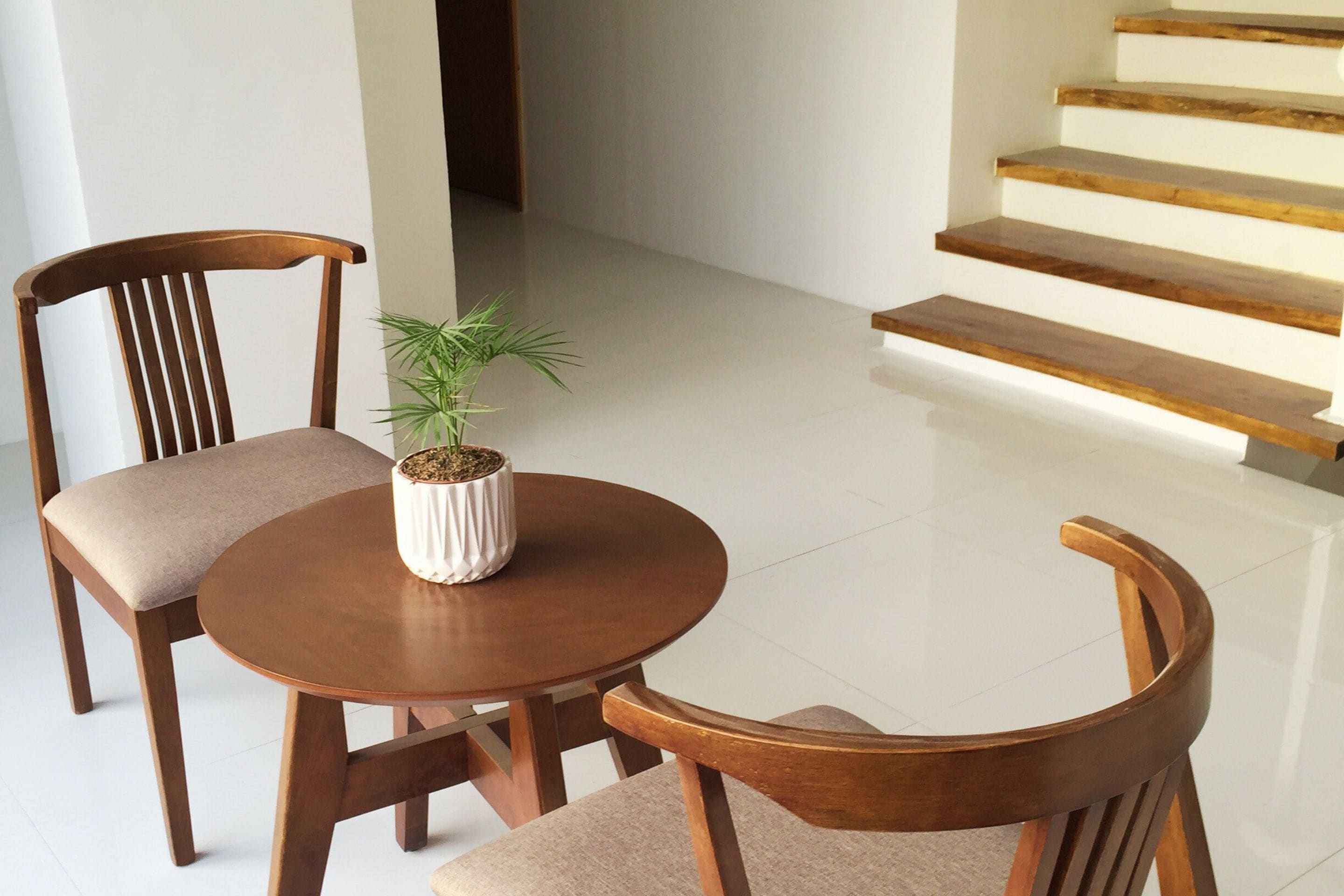 A dining area with a round wooden table and two chairs, a potted plant, and a staircase in the background.