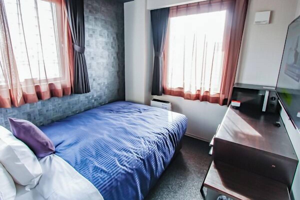 Une chambre d’hôtel avec un lit, un bureau et une télévision.