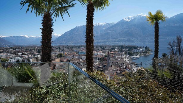 A panoramic view of a city with mountains in the background, palm trees in the foreground, and a clear sky. - Double Room Classic by Interhome (Ascona)