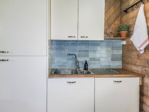 A kitchen with a sink, cabinets, and a wooden countertop.