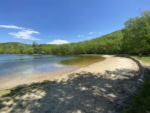 A lakeside area with a sandy beach, a clear sky, and a forested hill in the background.