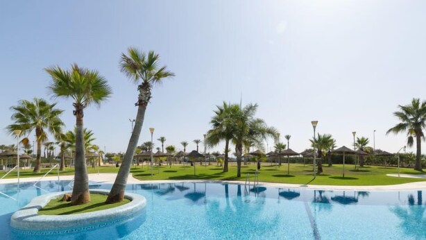 A swimming pool with palm trees and a clear sky.