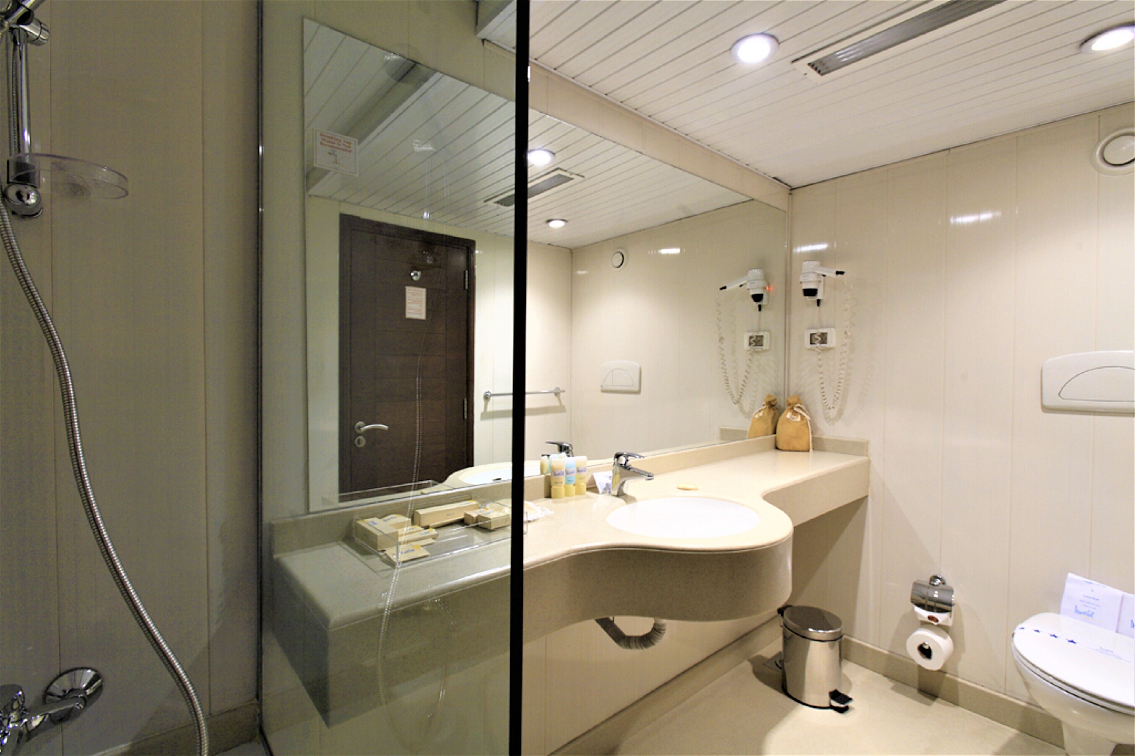 Un baño moderno con cabina de ducha de vidrio, un espejo grande, un lavamanos y un inodoro.