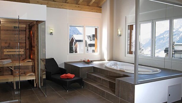Une salle de bain moderne avec un plafond en bois, une baignoire, une douche en verre et une vue sur les montagnes.
