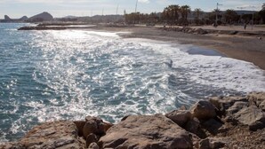A rocky shoreline with waves crashing onto the beach, palm trees, and a distant mountain range under a clear sky. - La Pinède by Interhome (Cagnes-sur-Mer)