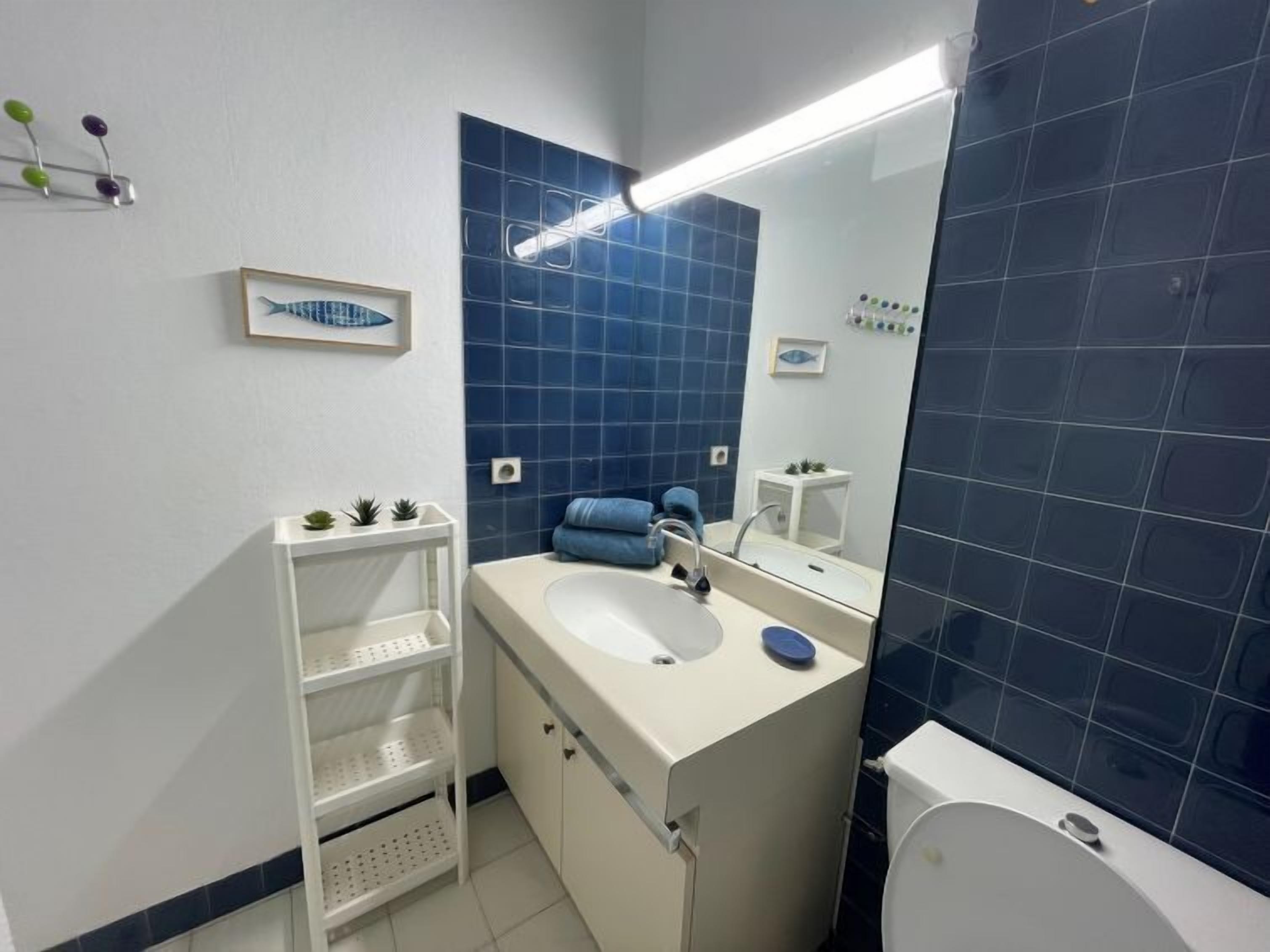 Ein modernes Badezimmer mit einem weißen Waschbecken, blauen Fliesen, einem Spiegel und einer kleinen Ablage mit Pflanzen.