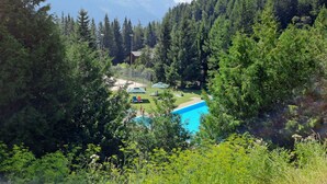 A resort with a swimming pool surrounded by dense forest and mountains in the background. - Miranda by Interhome (Champex)