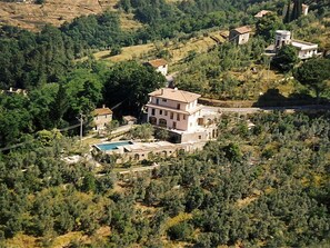 Um edifício grande, com vários andares, piscina e rodeado por uma floresta densa e paisagem montanhosa.