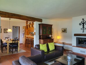 Ein Wohnzimmer mit einer Couch, einem Glastisch und einem Kamin. Es gibt eine Küchenzeile mit Holzschränken und einem Esstisch.