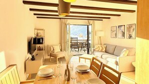 A dining area with a wooden table set for four, a modern pendant light, and a view of the outdoors through a large window. - Residenza Chesa Margun 58-5 by Interhome (Silvaplana-Surlej)