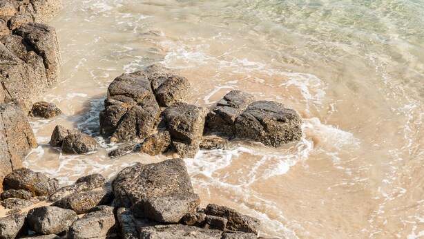A rocky shoreline with clear water.