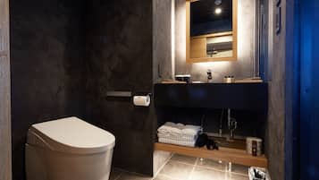 Separate tub and shower, free toiletries, hair dryer, slippers