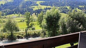 Une vue magnifique depuis un balcon donnant sur une vallée, avec une rivière, des arbres et des montagnes au loin.