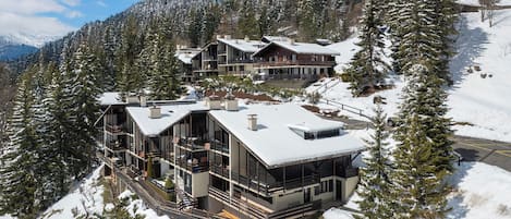 Une station de ski moderne comprenant plusieurs bâtiments, dont un grand chalet doté de balcons et un plus petit chalet.