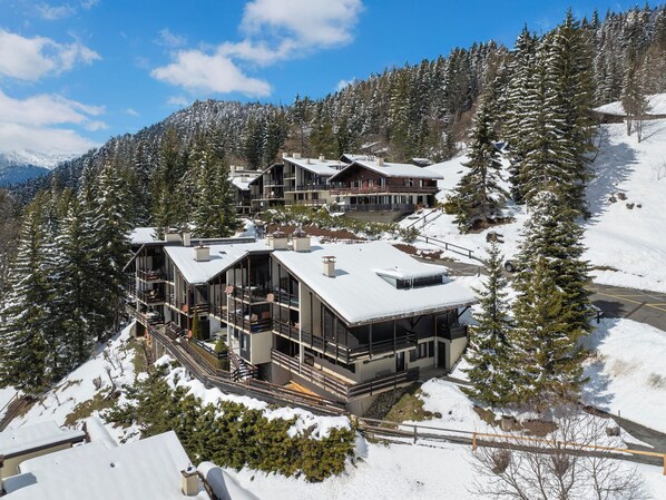 Une station de ski moderne comprenant plusieurs bâtiments, dont un grand chalet doté de balcons et un plus petit chalet.