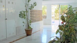 Un hall d’entrée spacieux, agrémenté d’une plante en pot, d’une bibliothèque et d’une porte.