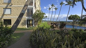 A hotel with a pool, palm trees, and a view of the ocean.