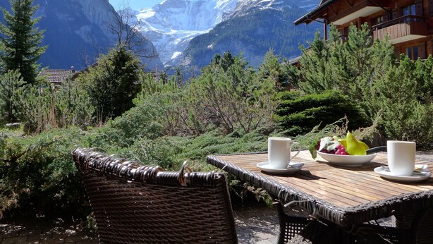 A table with a view of snow-capped mountains, surrounded by greenery and a wooden building.
