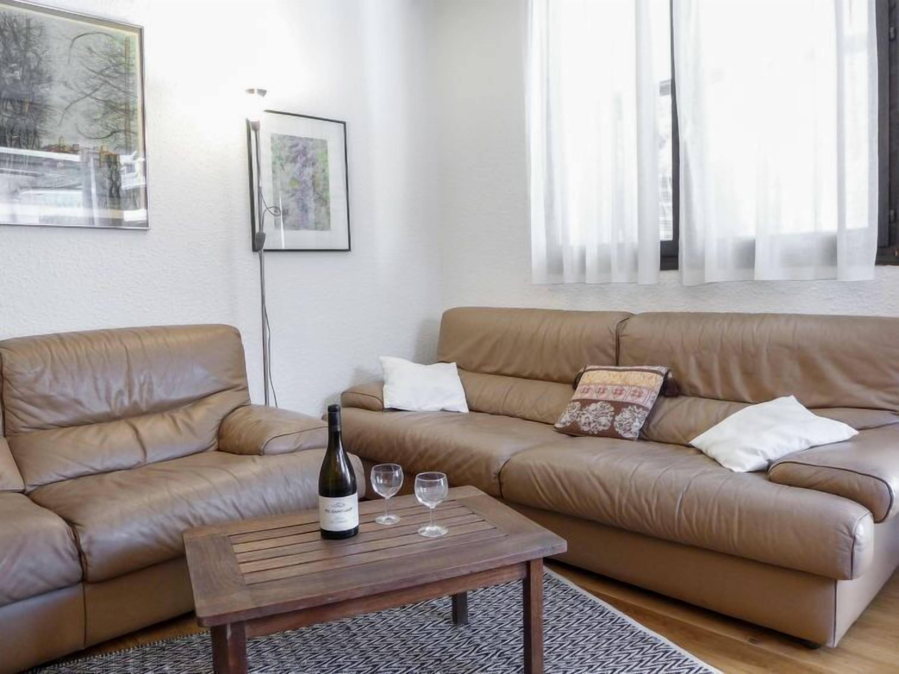 A living room with two brown leather sofas, a wooden coffee table with a bottle and two glasses, and a patterned rug.