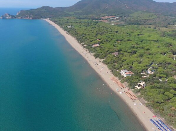 Vista aérea de una zona costera con playa, abundante vegetación y edificios dispersos.