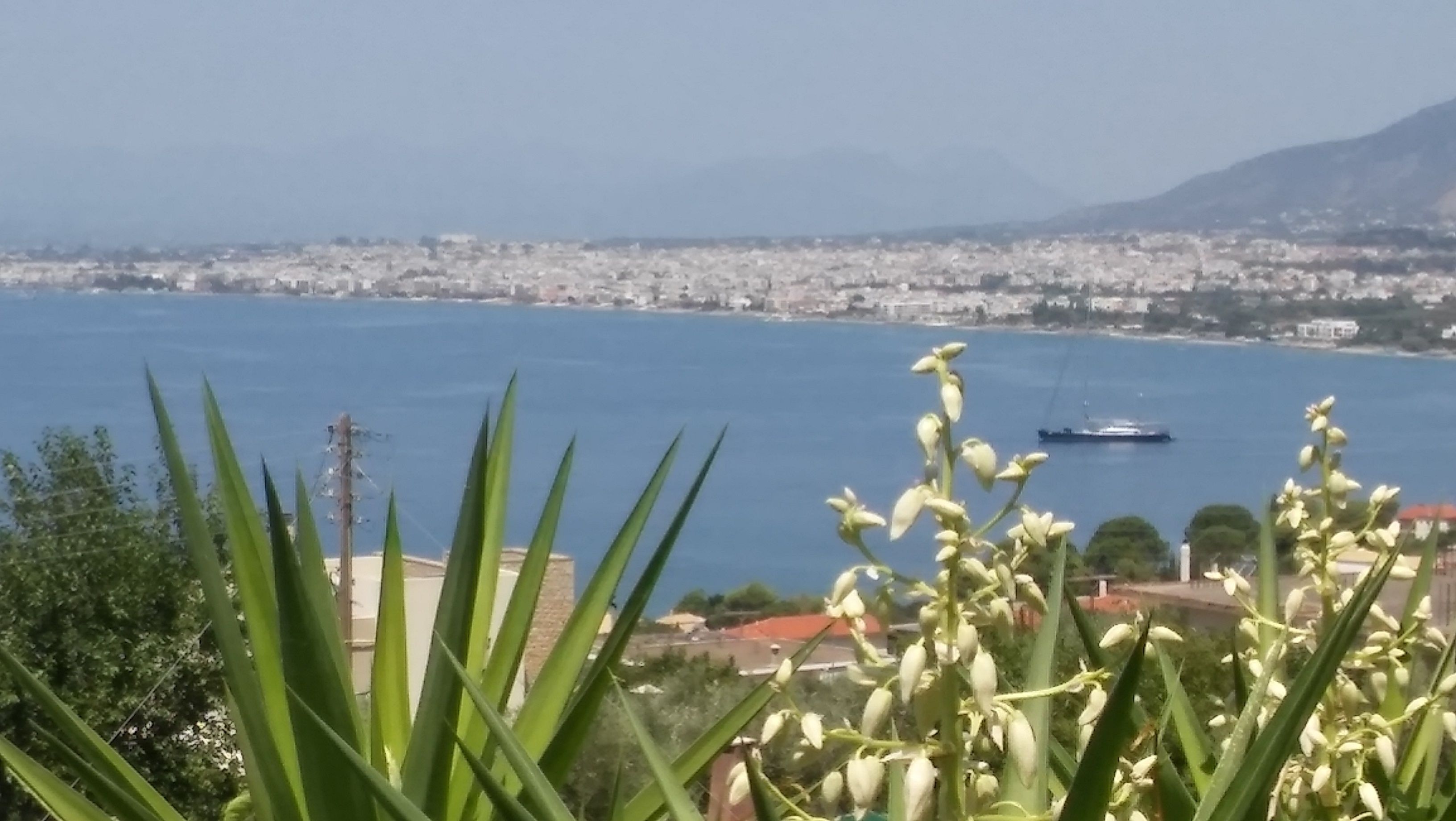 A coastal cityscape with a view of the sea and mountains in the distance.