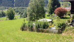 Een landelijk landschap met een houten hutje, omringd door weelderige begroeiing en een berg op de achtergrond.