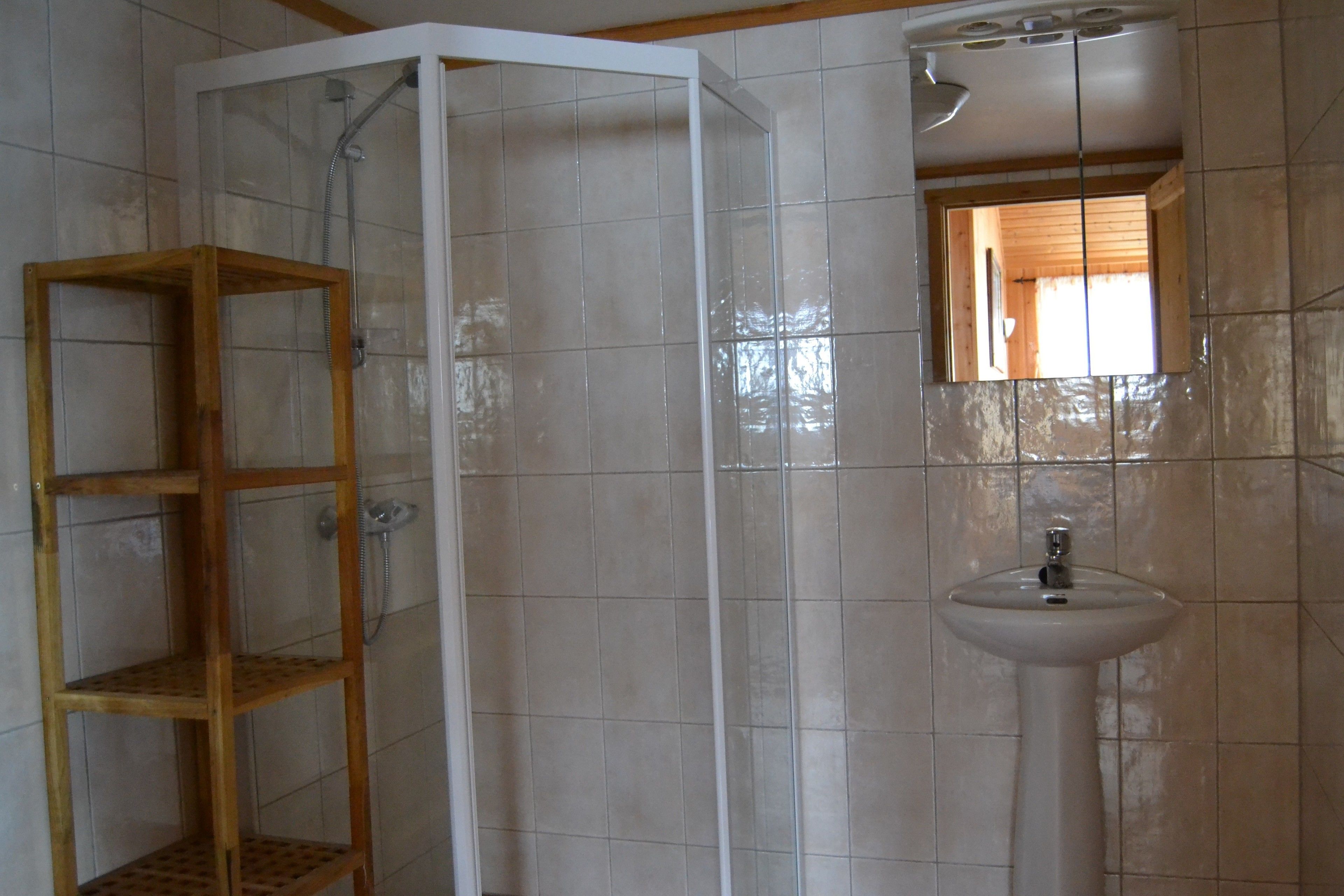 Un baño con cabina de ducha, un estante de madera y un lavabo.