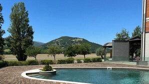A swimming pool with a wooden deck, surrounded by trees and a view of a mountain. - Hotel PentHouse (Perugia)