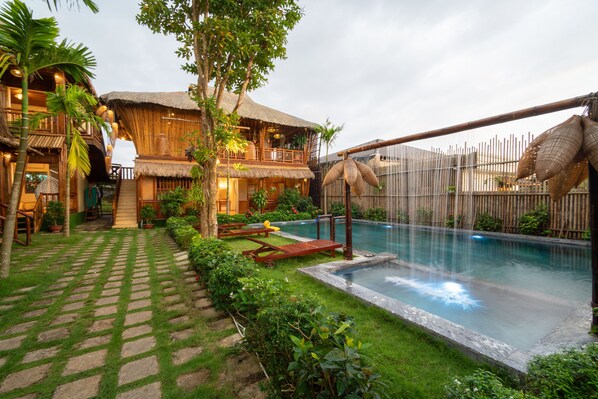 Outdoor pool, pool umbrellas, pool loungers