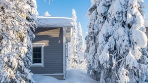 A small, single-story cabin surrounded by snow-covered trees.