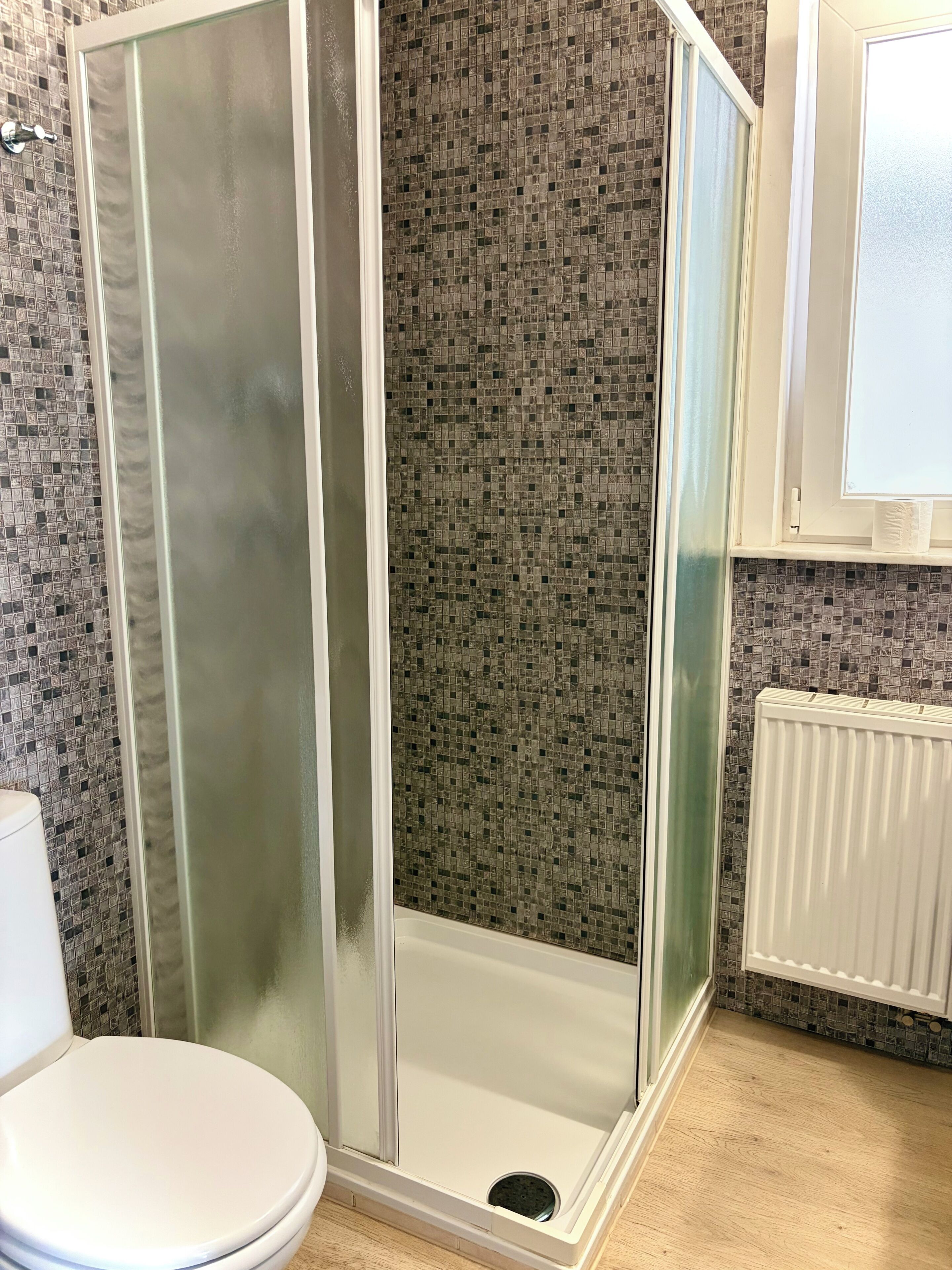 Ein Badezimmer mit Duschkabine, Toilette und Handtuchwärmer.