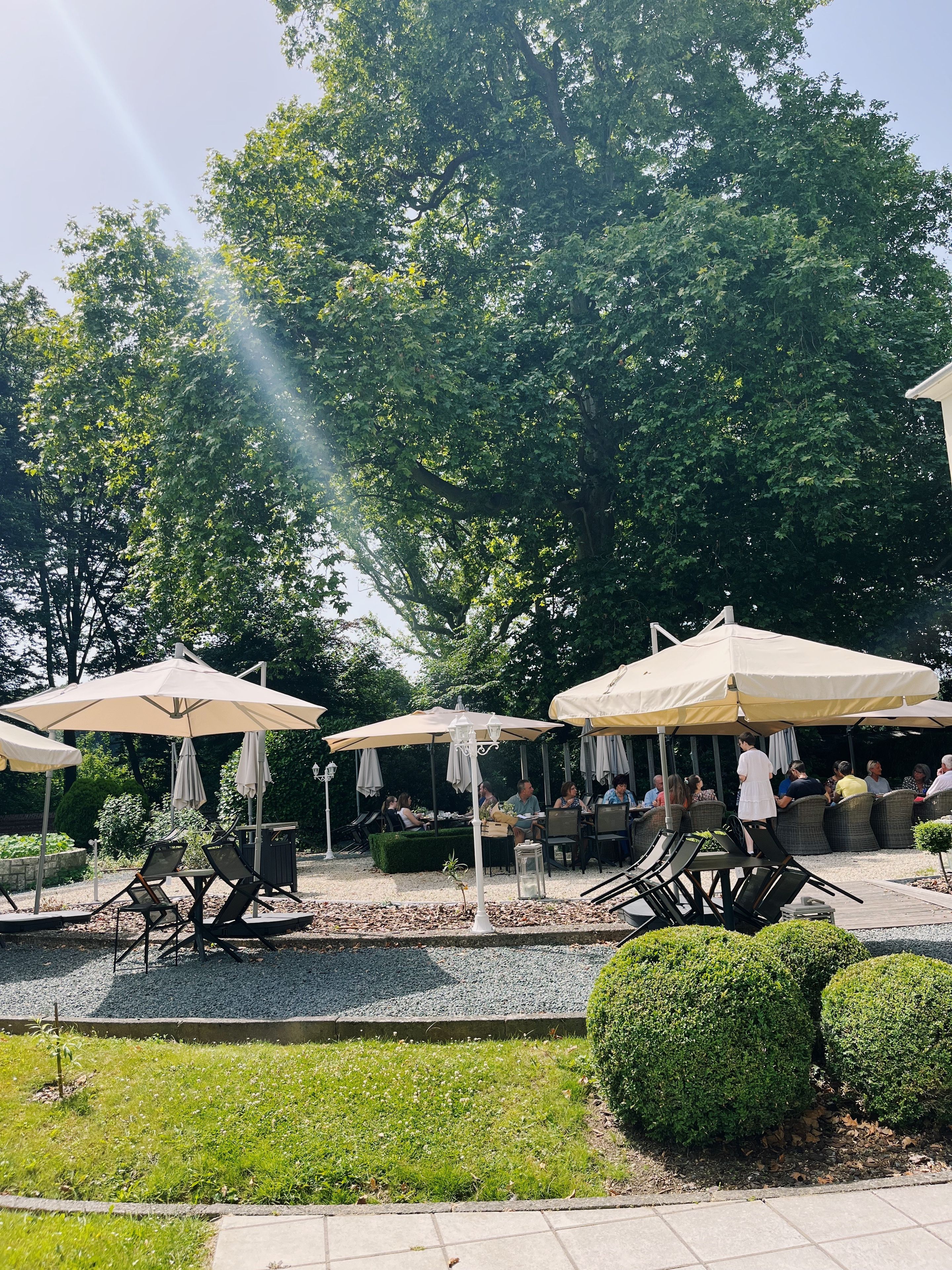 An outdoor seating area with umbrellas, chairs, and tables, surrounded by trees and a gravel path.