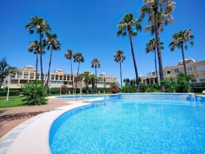 A swimming pool with palm trees, a clear blue sky, and a building with balconies in the background.