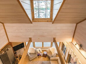A high-ceilinged room with a wooden interior, a fireplace, and a view of trees through a skylight.