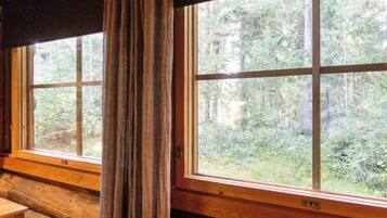 A cabin interior with a large window, wooden walls, and a curtain.