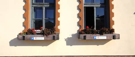 Two windows with wooden frames and flower boxes below them.