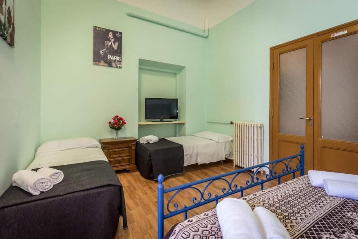 A room with two beds, a television, a radiator, and a door.