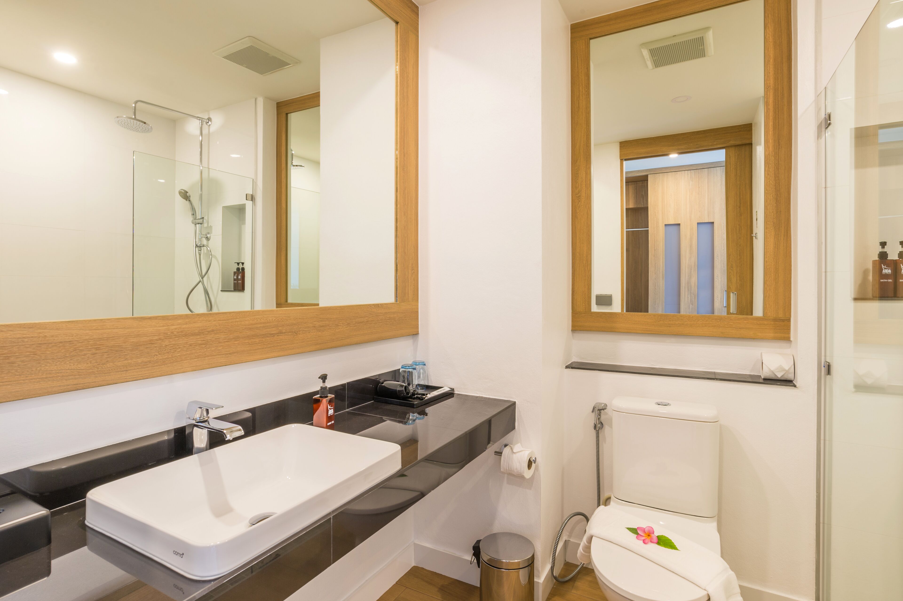 shower, rainfall showerhead, free toiletries, hair dryer