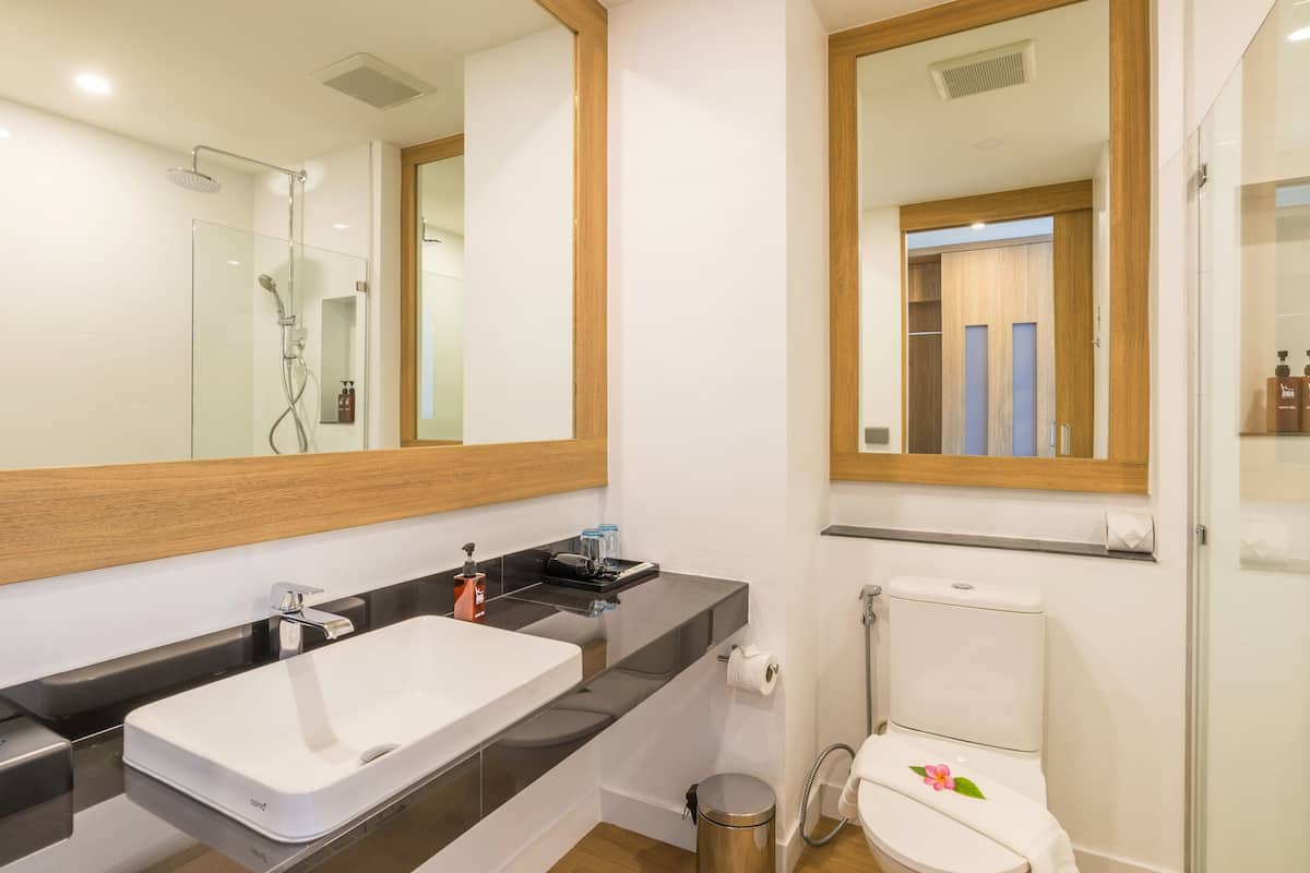 shower, rainfall showerhead, free toiletries, hair dryer