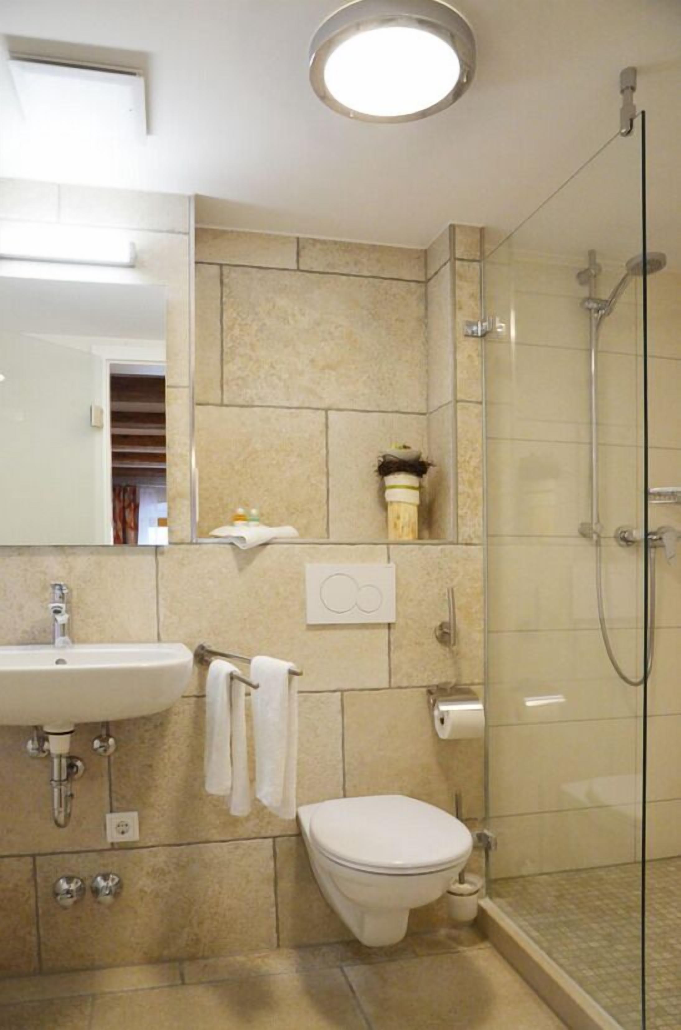 Un baño moderno con ducha envuelta en vidrio, un lavamanos blanco y un inodoro.