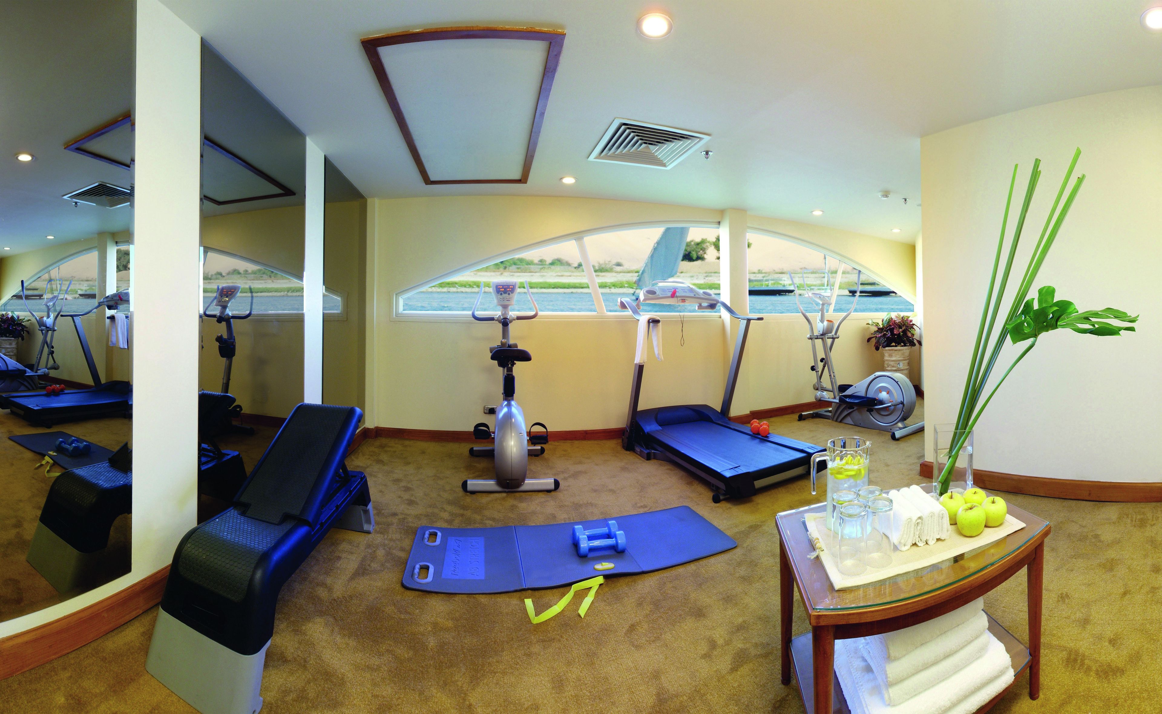 Ein Fitnessraum mit Trainingsgeräten, ein Fenster mit Blick auf ein Gewässer und ein Tisch mit Handtüchern und Äpfeln.
