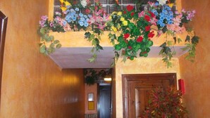 Un pasillo con una puerta de madera, una planta en maceta y un arreglo floral colgante.