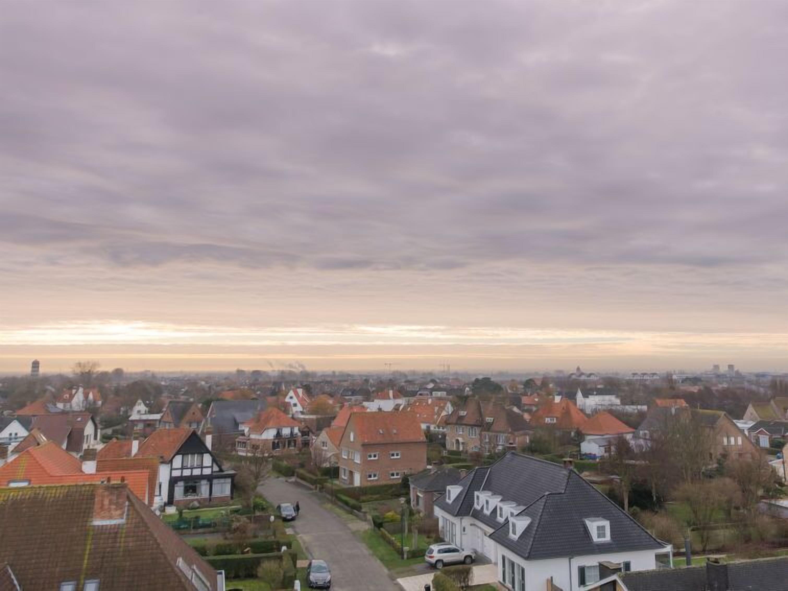 A residential area with houses, a street, and a clear sky.