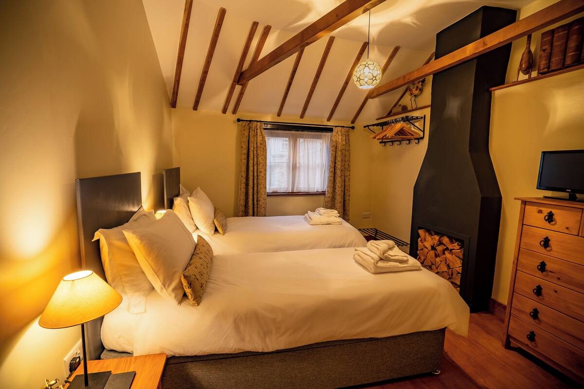 A bedroom with two beds, a wooden dresser, a TV, and a fireplace.