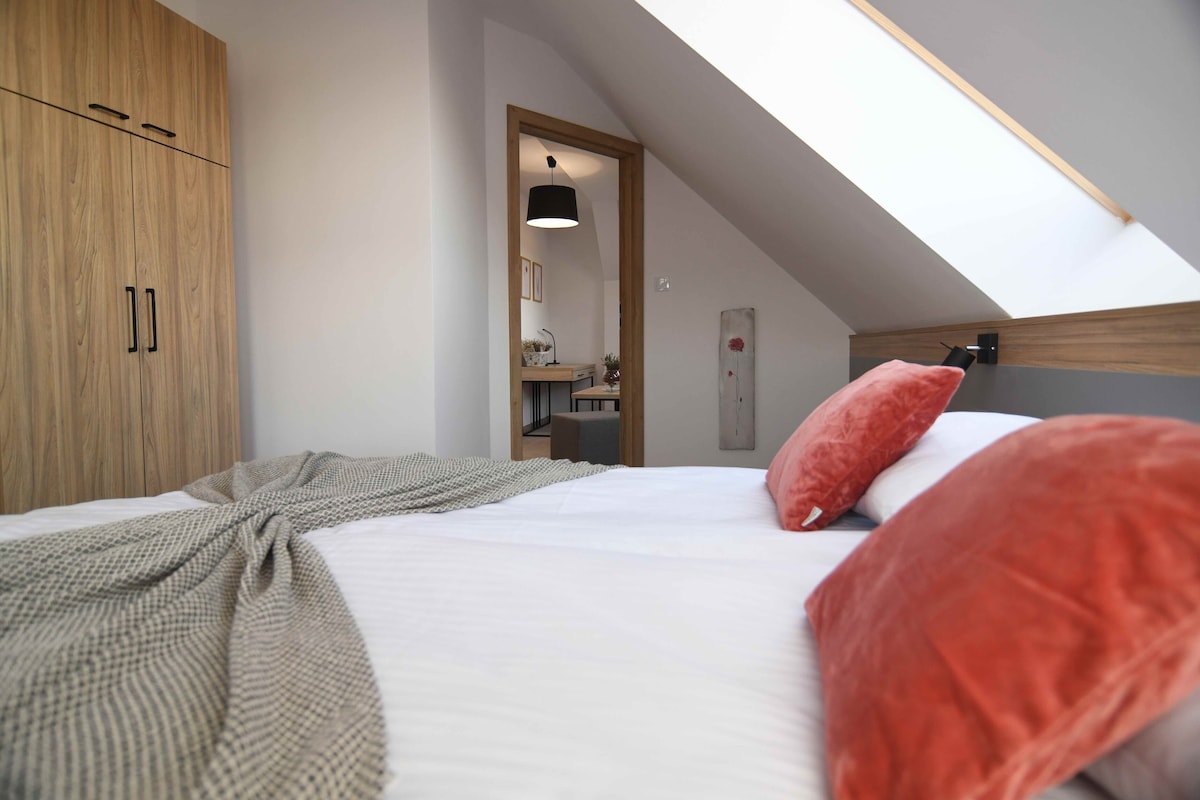 A bedroom with a sloped ceiling, a bed with red and white pillows, a wooden wardrobe, and a skylight.