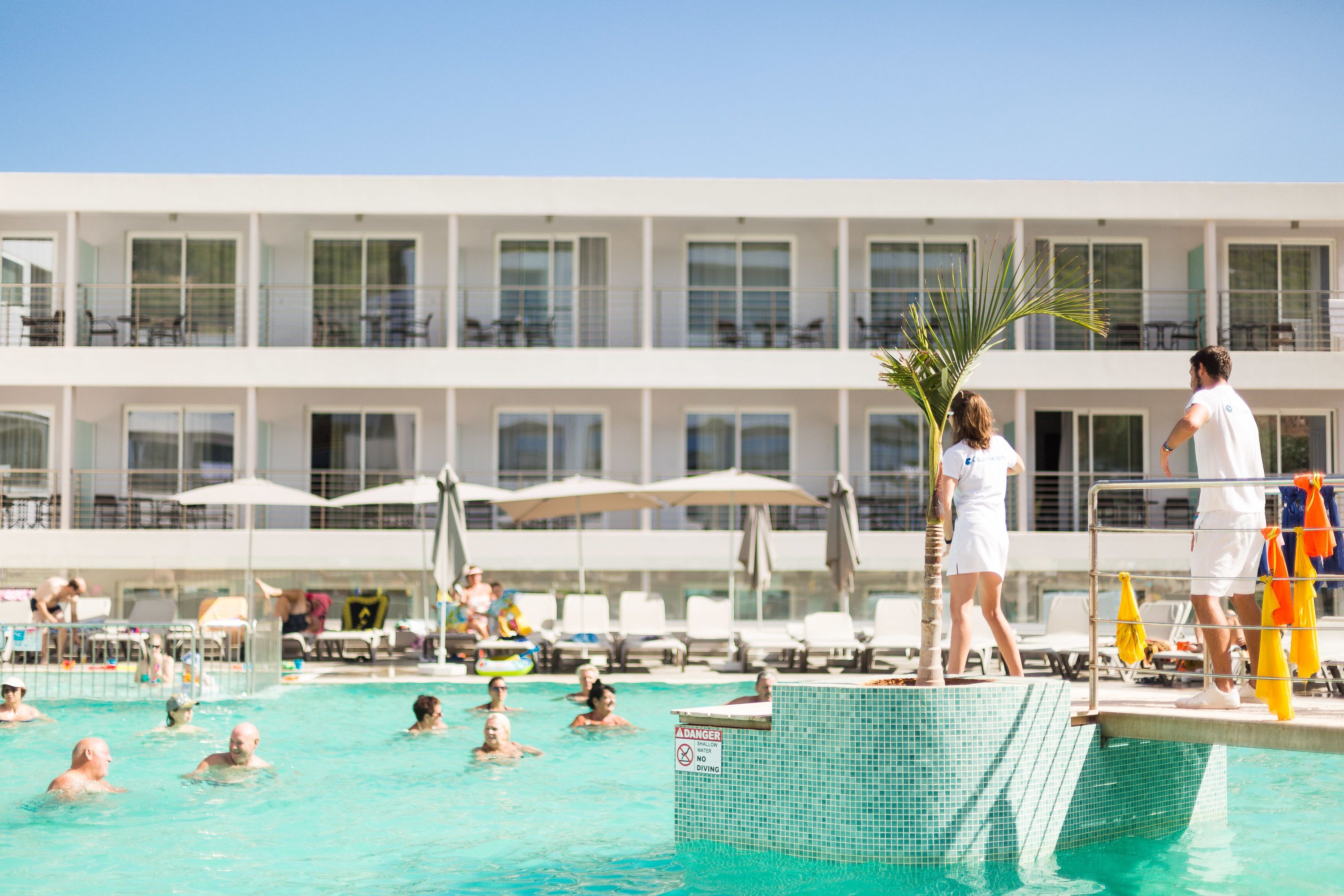 A swimming pool with people in the water, a palm tree, and a hotel building in the background.